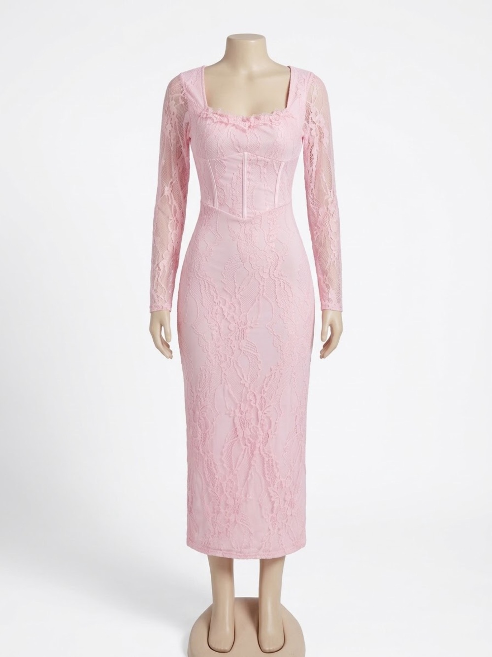 SHEIN Pink Lace Long-Sleeve Midi Bodycon Dress